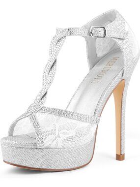 Women's Silver Glitter Peep Toe Platform Stilettos Sparkly Rhinestone Lace Heels